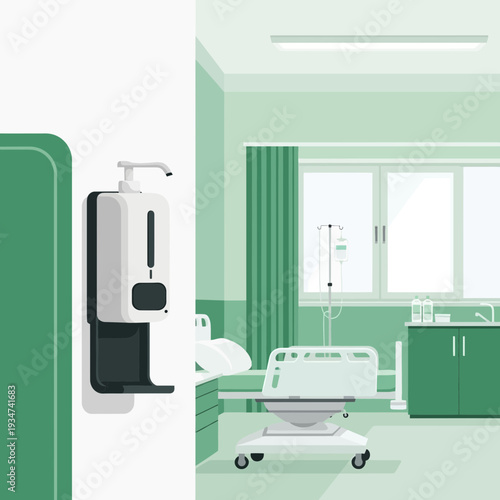 Hospital Room Interior Featuring Sanitizer Dispenser and Medical Equipment for Patient Care