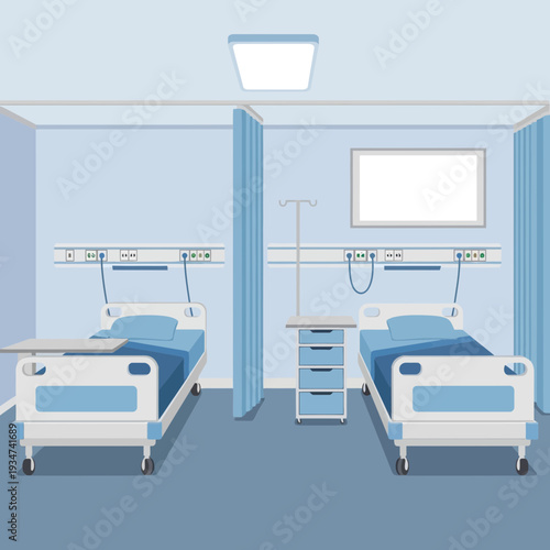 Hospital Room Interior Featuring Two Beds, Curtains, and Essential Medical Equipment