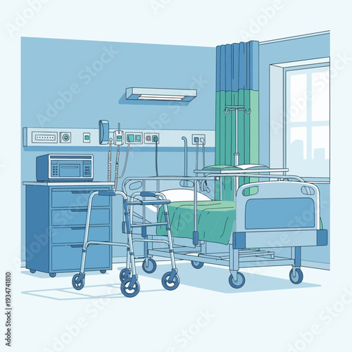 Hospital Room Interior Illustration Depicting Medical Equipment and Patient Bed with Blue Tones