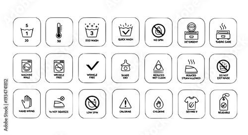 Laundry Care Label Editable Stroke Icon Set with Washing Drying and Ironing Symbols