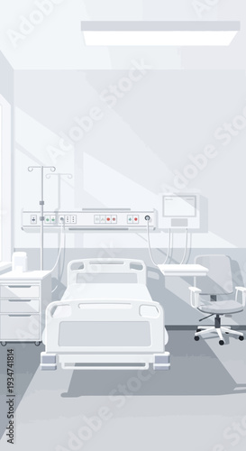 Hospital Room Interior Illustration Depicting Medical Equipment and Patient Bed with Subtle Lighting