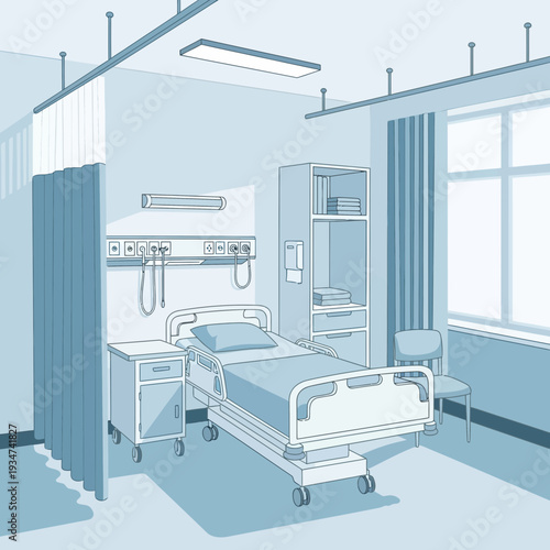 Hospital Room Interior Illustration Depicting Patient Bed, Medical Equipment, And Window View