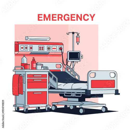 Hospital Room Interior Illustration Depicting Medical Equipment for Urgent Patient Care