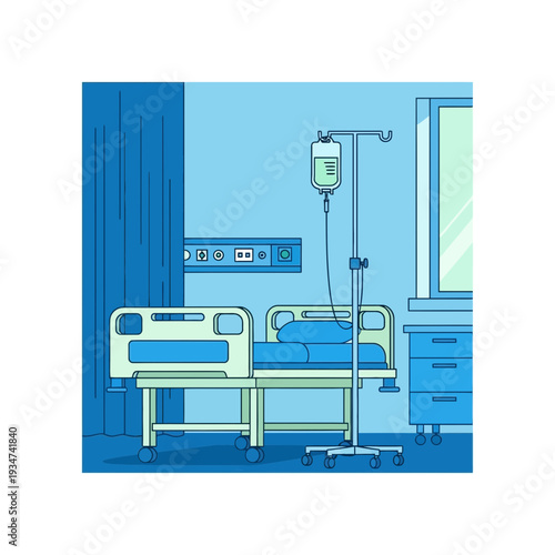 Hospital Room Interior Illustration Depicting Patient Bed, IV Drip Stand, and Medical Equipment