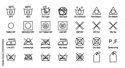 Modern Laundry Instruction Line Icon Set with Editable Stroke Clothing Care Symbols