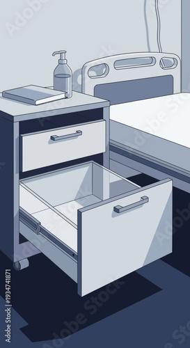 Hospital Room Interior Illustration: Detailed View of Bedside Table with Open Drawer and Sanitizer