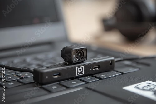 Wallpaper Mural Compact webcam, USB hub, and headphones rest on a laptop keyboard Torontodigital.ca