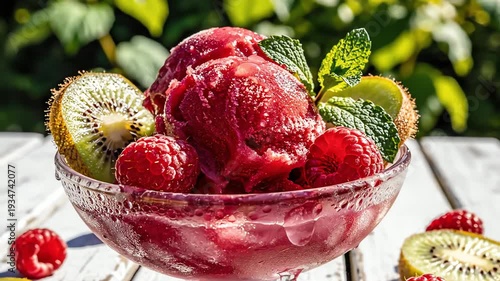 Close up of vibrant fruit dessert with raspberries kiwi and mint leaves in a glass bowl