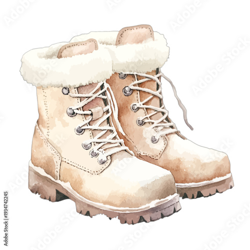 Watercolor Illustration of Cozy Winter Boots with Faux Fur Trim and Laces in Soft Beige Tones