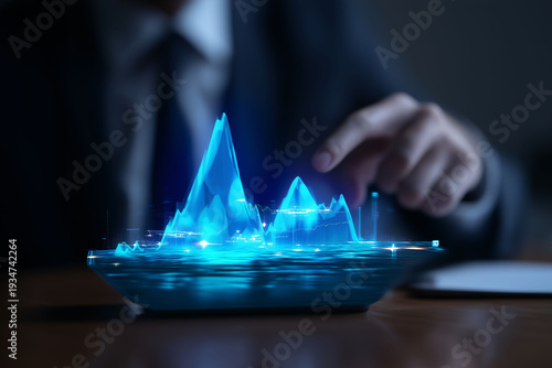 Executive analyzing floating real estate valuation graph hologram in office setting