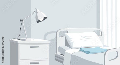 Hospital Room Interior Illustration Of Bed, Lamp, And Nightstand In Clean, Minimalist Style