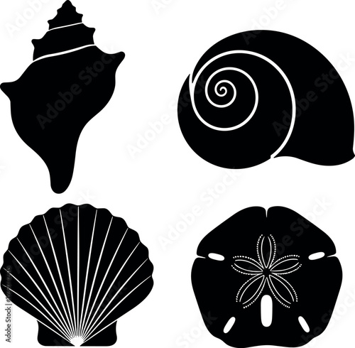 Four black silhouette sea shells whelk, spiral shell, scallop, and sand dollar