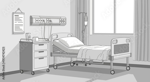 Hospital Room Interior Illustration Of Bed, Medical Equipment, And Window With Curtains