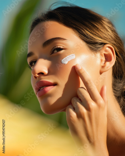 Woman applying sunscreen in tropical setting portrait photography bright environment skincare concept