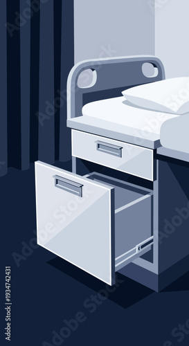 Hospital Room Interior Illustration Of Bedside Cabinet With Open Drawer And Curtains