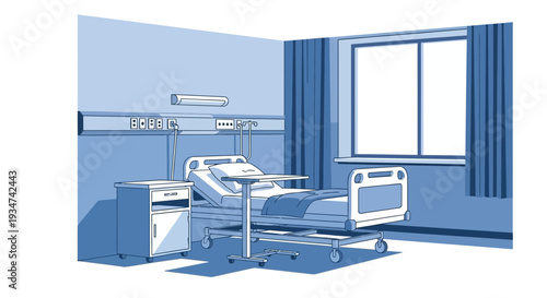Hospital Room Interior Illustration Of Bed, Nightstand, And Window, Monochromatic Color