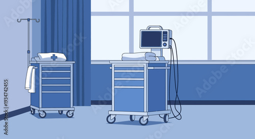 Hospital Room Interior Illustration Of Medical Equipment And Supplies With Blue Tones