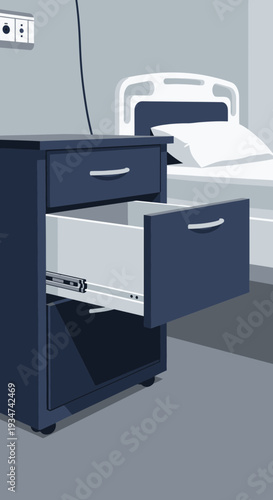 Hospital Room Interior Illustration Of Nightstand With Empty Drawer, Illustrative Healthcare Scene