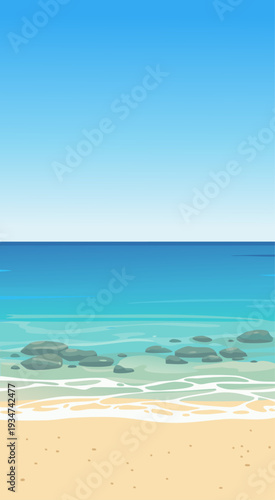 Beautiful Tropical Beach Scene with Clear Blue Water, Sandy Shore, and Rocks - Vector Illustration