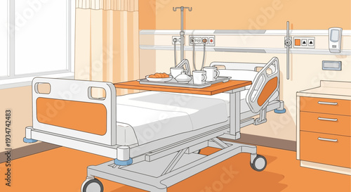 Hospital Room Interior Illustration Of Patient Bed And Serving Tray With Refreshments Scene