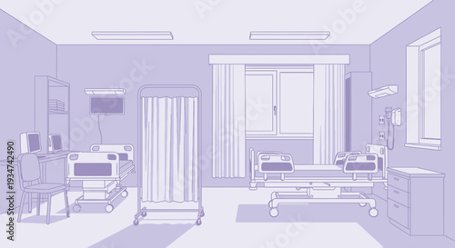 Hospital Room Interior Illustration Showing Bed And Medical Equipment Perspective