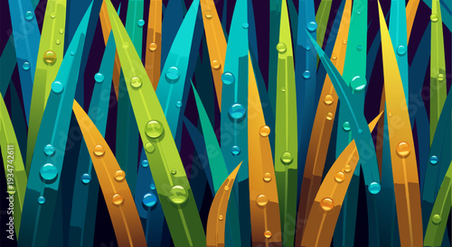 Vibrant Abstract Blades of Grass with Water Droplets, a Refreshing Nature-Themed Vector Illustration