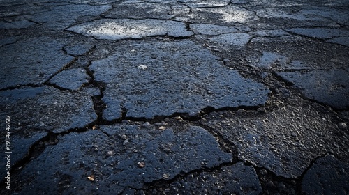 Close-up of cracked asphalt surface under cloudy sky