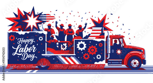 Labor day celebration truck with workers usa flag and gears in red white and blue colors festive atmosphere