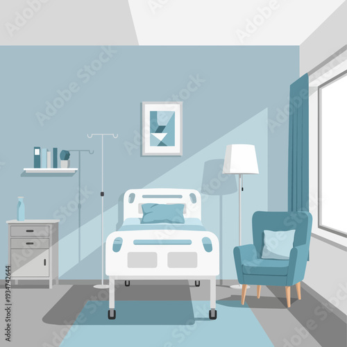 Hospital Room Interior Illustration With Bed Chair And Window In Pastel Blue Tones