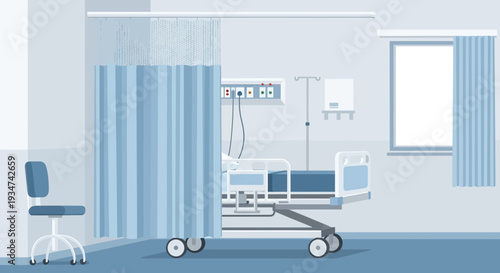 Hospital Room Interior Illustration With Bed Curtain Chair And Medical Equipment