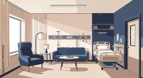 Hospital Room Interior Illustration With Medical Bed, Armchair And Couch, Comfort