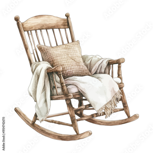 Watercolor Illustration of a Vintage Wooden Rocking Chair with Cozy Throw Blanket and Pillow