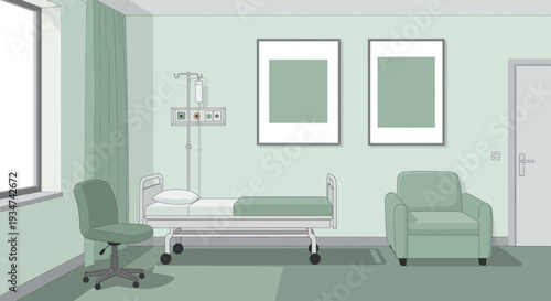 Hospital Room Interior Illustration With Medical Bed, Armchair and Window, Minimal Design