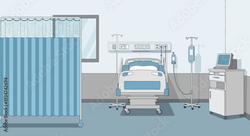 Hospital Room Interior Illustration With Bed Curtains And Medical Equipment