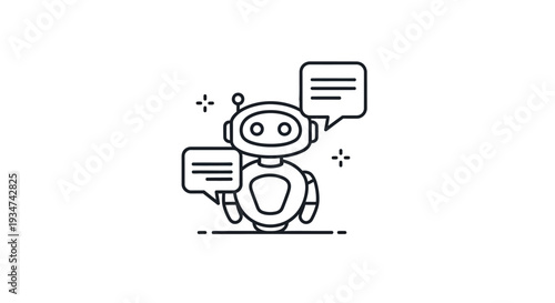Line art illustration of a friendly AI chatbot robot with speech bubbles for support.