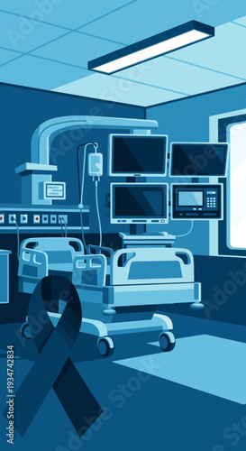 Hospital Room Interior Illustration with Medical Equipment and a Symbolic Ribbon for Awareness