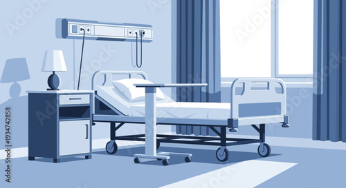 Hospital Room Interior Illustration With Medical Equipment And Bed, Blue Tones