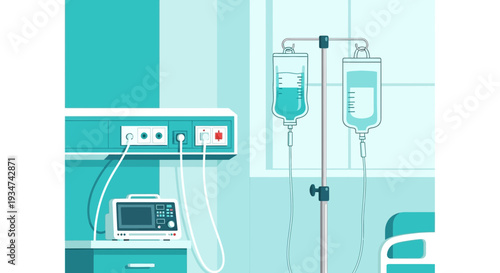 Hospital Room Interior Illustration With Medical Equipment And Drip Infusion Bags
