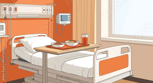 Hospital Room Interior Illustration With Medical Equipment and Meal on a Bedside Table