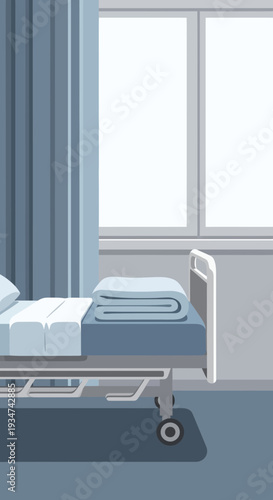 Hospital Room Interior Illustration With Bed, Window, and Curtain Depicting Medical Comfort and Calm