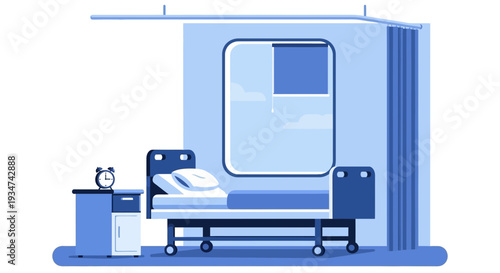 Hospital Room Interior Illustration With Bed, Window, And Clock Showing Tranquility And Calm