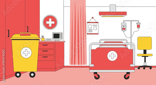 Hospital Room Interior Illustration With Medical Equipment And Sanitation Bin