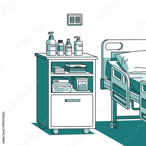 Hospital Room Interior Illustration With Bedside Cabinet Depicting Medicine and Cleanliness