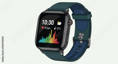 Smart watch displays health data and time.