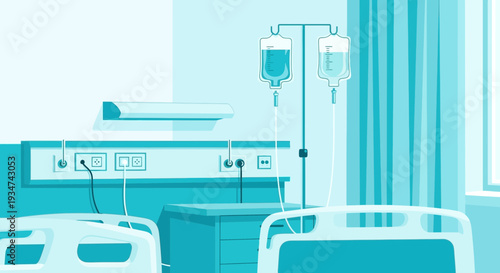 Hospital Room Interior Illustration With Medical Equipment In Blue Tones