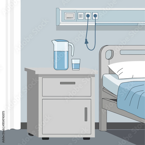 Hospital Room Interior Illustration With Bedside Table, Medical Equipment, and Bed Focus