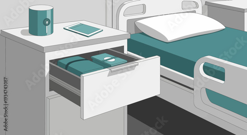 Hospital Room Interior Illustration With Bedside Table, Medical Equipment, and Bed Elements