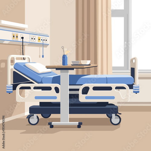 Hospital Room Interior Illustration With Bedside Table, Medical Equipment, and Window Light
