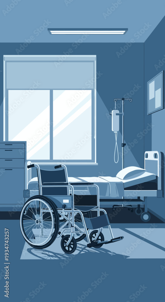 Fototapeta premium Hospital Room Interior Illustration With Wheelchair, Bed, and Medical Equipment Representation