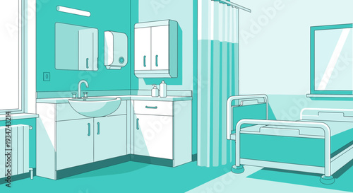 Hospital Room Interior Illustration With Sink And Bed Ready For Patients Treatment